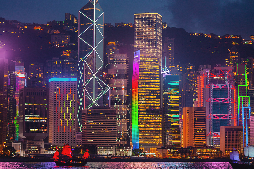 Bank of China Tower view at Hong Kong central financial district at night 